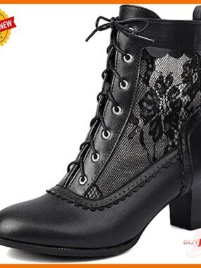Victorian Lace Up Ankle Boots Side Zipper Kitten Heel Costume Vintage